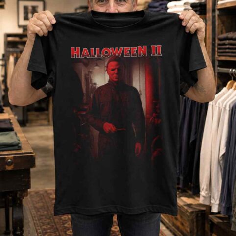 Red-Lit Masked Stalker Vintage Horror Graphic Tee