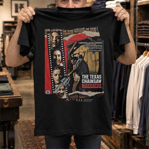 Retro Chainsaw Slasher Movie Collage Graphic Tee